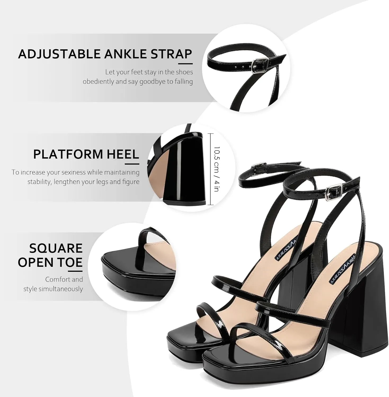MIRAAZZURRA Platform Strappy Heel Sandals Square Open Toe Two Strap Chunky High Heeled Sandals with Buckle Ankle Strap for Women Party Wedding Dress