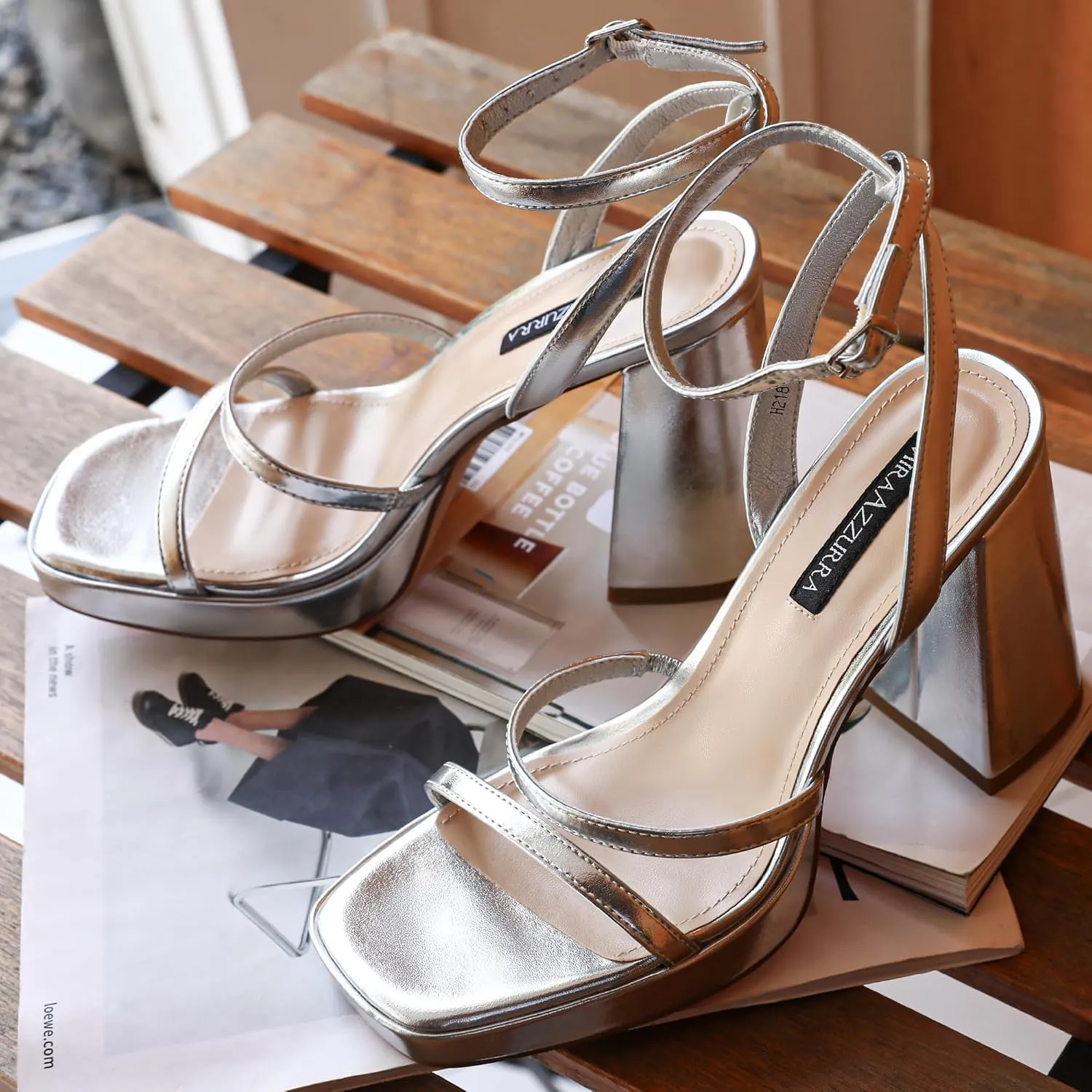 MIRAAZZURRA Platform Strappy Heel Sandals Square Open Toe Two Strap Chunky High Heeled Sandals with Buckle Ankle Strap for Women Party Wedding Dress