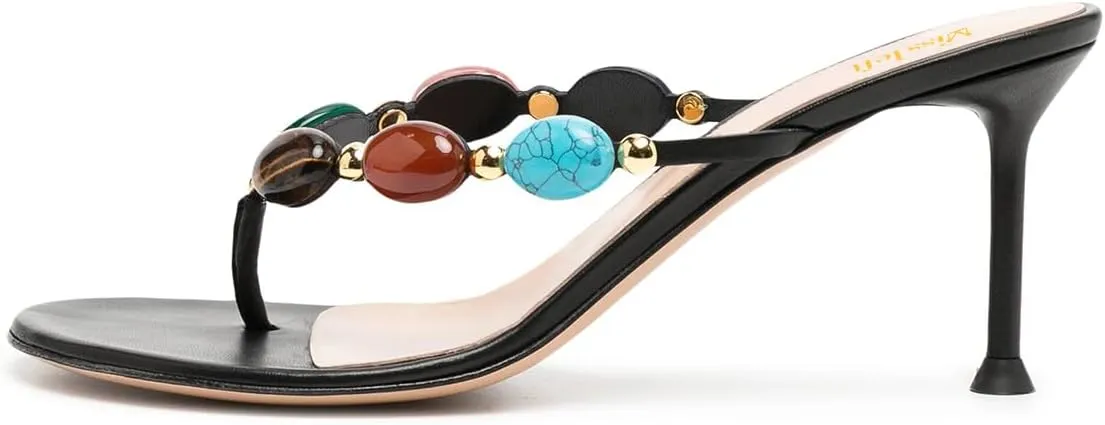 miss left Women Jewelled Open Toe Flip Flops Sexy Thin High Heel Slip on Thong Sandals Comfy Summer Party Shoes Size 4-16 US