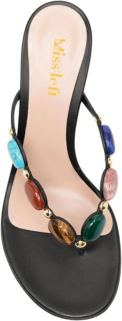 miss left Women Jewelled Open Toe Flip Flops Sexy Thin High Heel Slip on Thong Sandals Comfy Summer Party Shoes Size 4-16 US