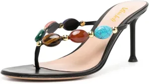 miss left Women Jewelled Open Toe Flip Flops Sexy Thin High Heel Slip on Thong Sandals Comfy Summer Party Shoes Size 4-16 US