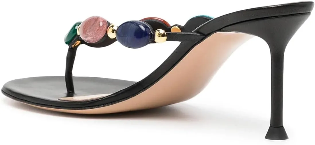 miss left Women Jewelled Open Toe Flip Flops Sexy Thin High Heel Slip on Thong Sandals Comfy Summer Party Shoes Size 4-16 US