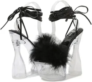 MissHeel Lace Up Crystal Clear Platform Chunky Heels