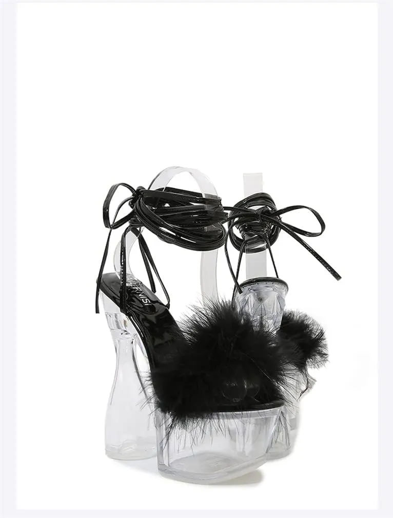 MissHeel Lace Up Crystal Clear Platform Chunky Heels