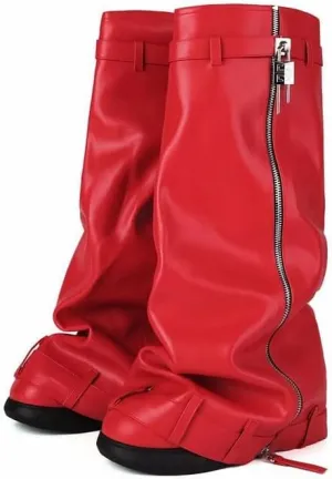 MissHeel Padlock Fold Over Platform Denim Knee High Boots