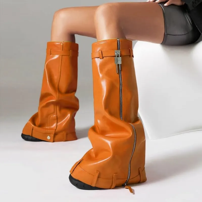 MissHeel Padlock Fold Over Platform Denim Knee High Boots