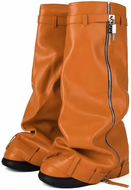 MissHeel Padlock Fold Over Platform Denim Knee High Boots