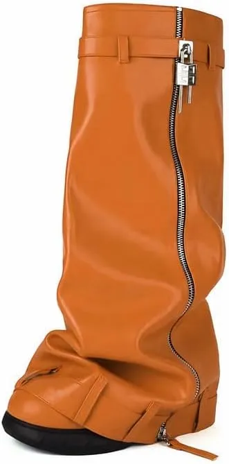 MissHeel Padlock Fold Over Platform Denim Knee High Boots
