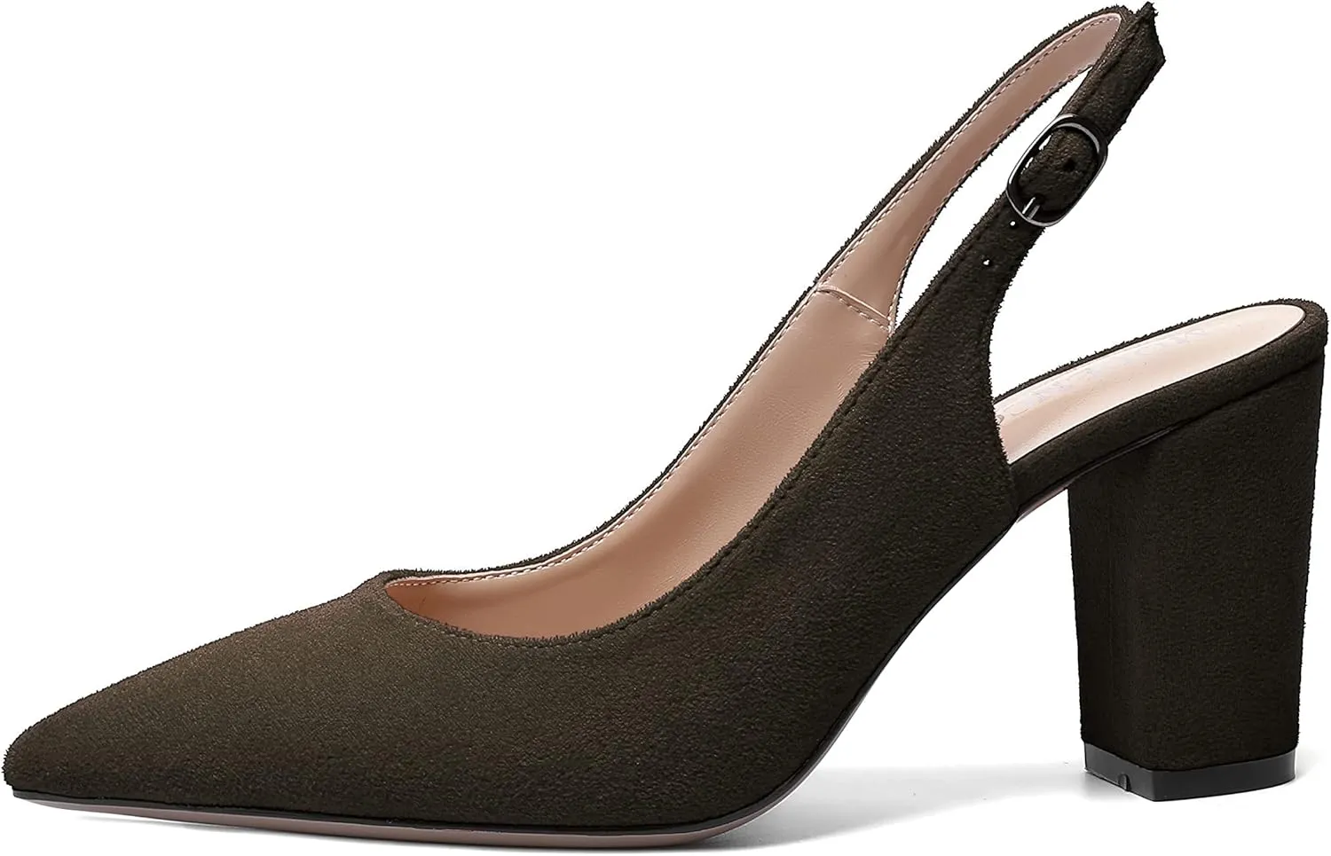 MODENCOCO Womens Fashion Pointed Toe Slingback Bridal Wedding Buckle Suede Block High Heel Pumps Dress Shoes 3.5 Inch