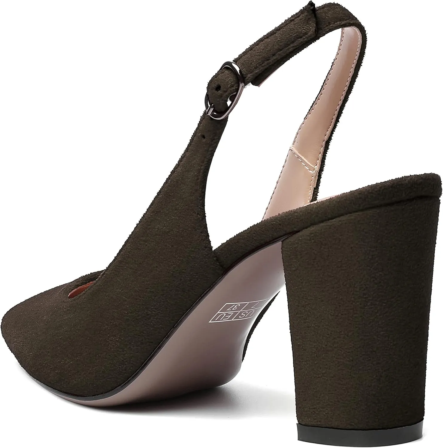MODENCOCO Womens Fashion Pointed Toe Slingback Bridal Wedding Buckle Suede Block High Heel Pumps Dress Shoes 3.5 Inch