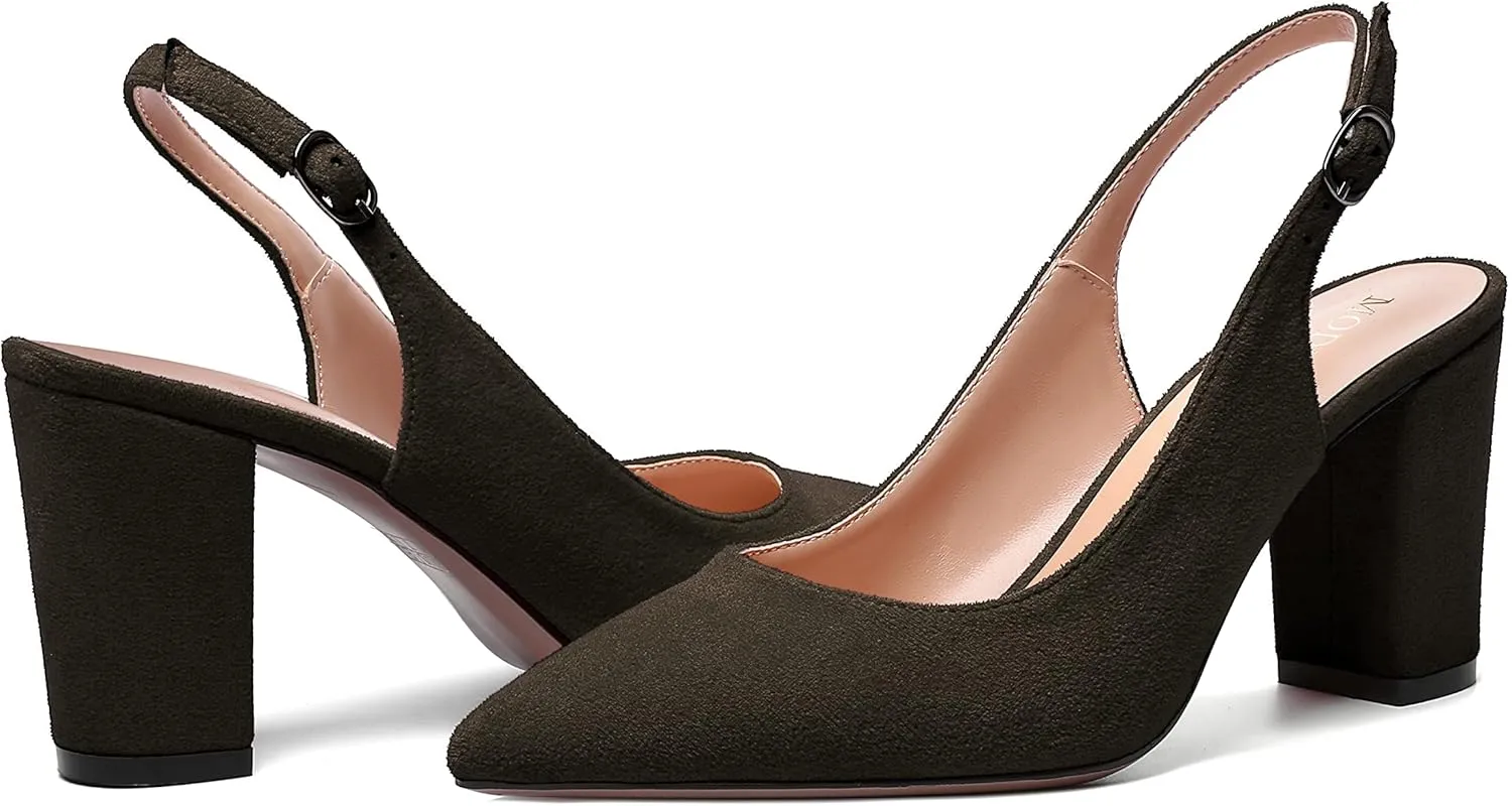 MODENCOCO Womens Fashion Pointed Toe Slingback Bridal Wedding Buckle Suede Block High Heel Pumps Dress Shoes 3.5 Inch