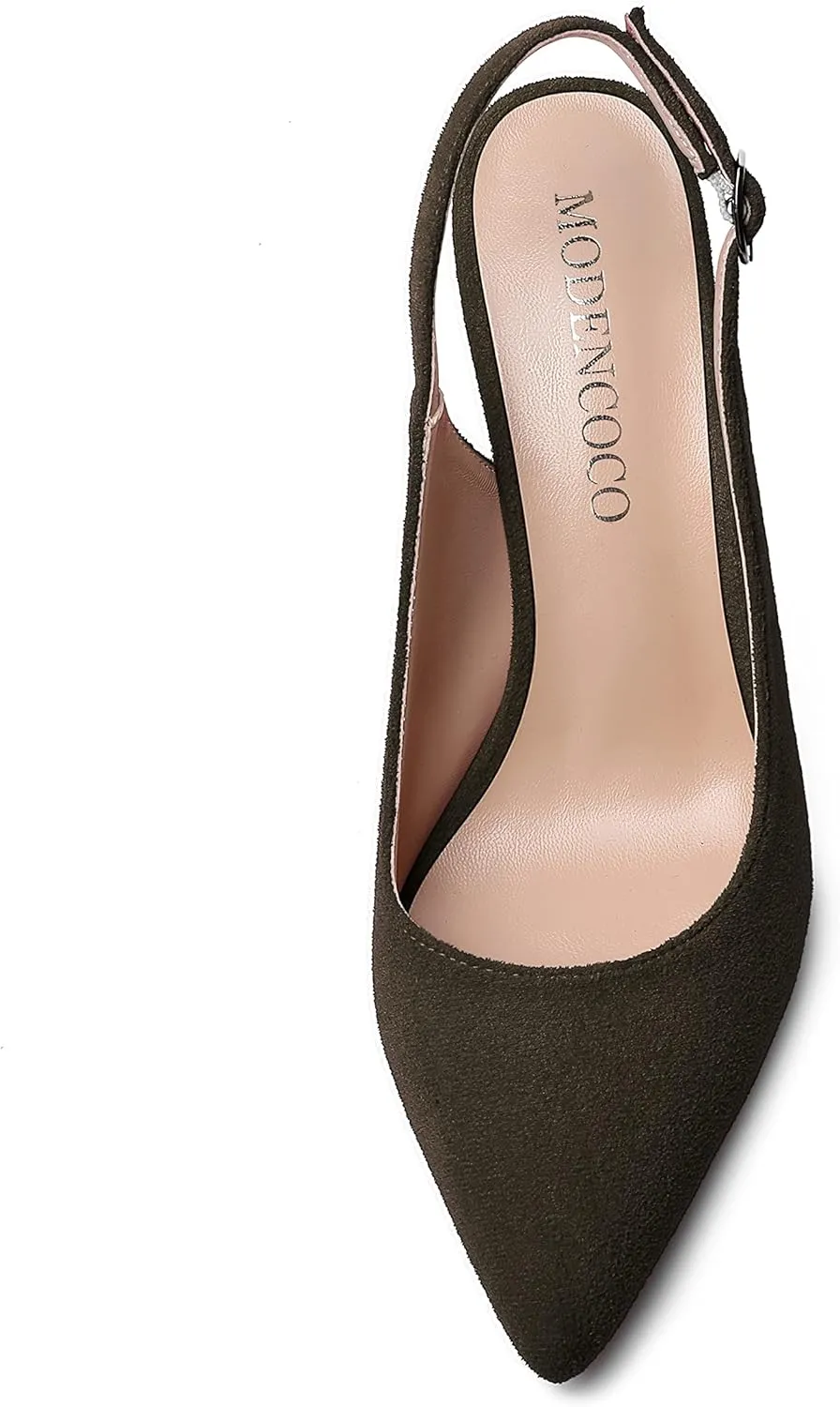 MODENCOCO Womens Fashion Pointed Toe Slingback Bridal Wedding Buckle Suede Block High Heel Pumps Dress Shoes 3.5 Inch
