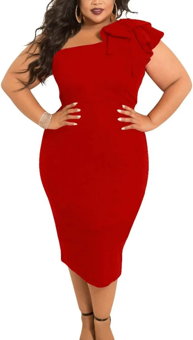 Mokoru Women's Sexy Ruffle One Shoulder Bodycon Elegant Cocktail Party Midi Dresses