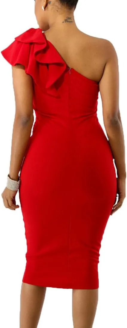 Mokoru Women's Sexy Ruffle One Shoulder Bodycon Elegant Cocktail Party Midi Dresses
