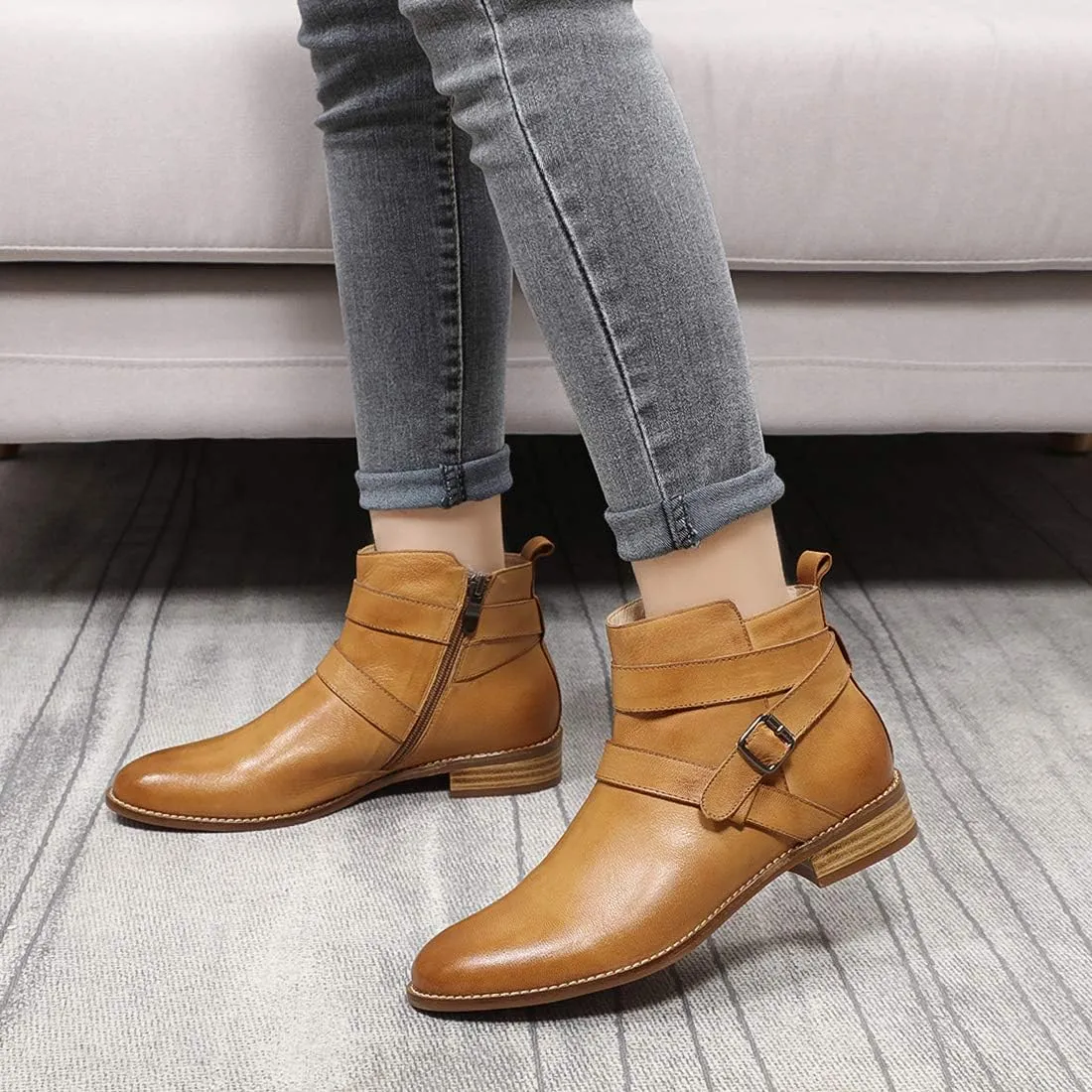 Mona flying Womens Leather Booties Ankle Boots with Side Zippers Low Heel Short Engineer Boots for Ladies