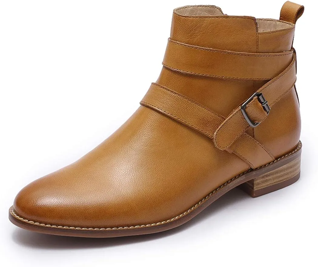 Mona flying Womens Leather Booties Ankle Boots with Side Zippers Low Heel Short Engineer Boots for Ladies