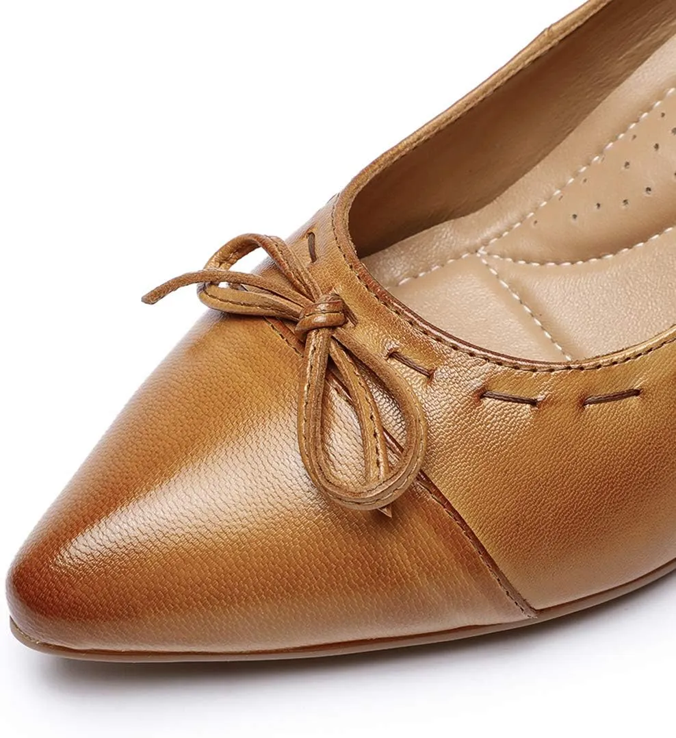 Mona flying Womens Leather Elegant Pointed Toe Bowknot Pumps Ladies Kitten Heels Dressy Casual Office Work Shoes