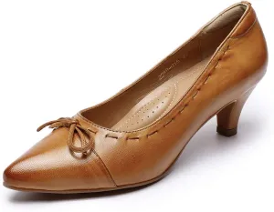 Mona flying Womens Leather Elegant Pointed Toe Bowknot Pumps Ladies Kitten Heels Dressy Casual Office Work Shoes