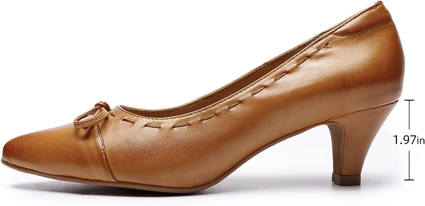 Mona flying Womens Leather Elegant Pointed Toe Bowknot Pumps Ladies Kitten Heels Dressy Casual Office Work Shoes
