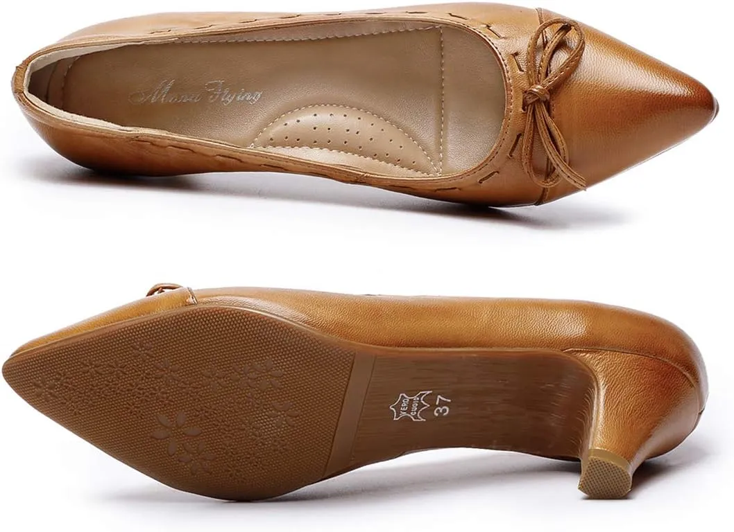 Mona flying Womens Leather Elegant Pointed Toe Bowknot Pumps Ladies Kitten Heels Dressy Casual Office Work Shoes