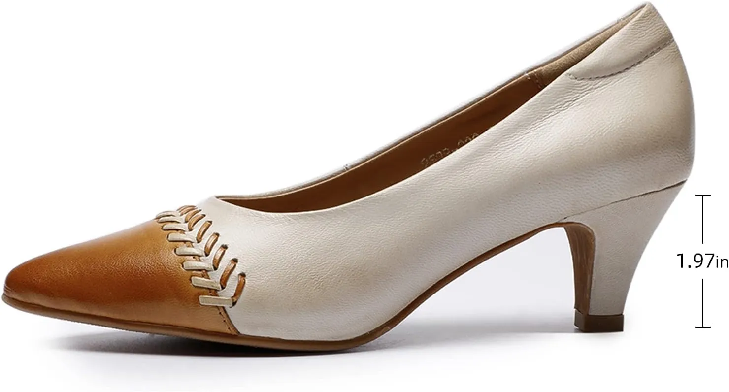 Mona flying Women's Leather Pump Med Heel Pointed Toe Office Dress Shoes for Ladies