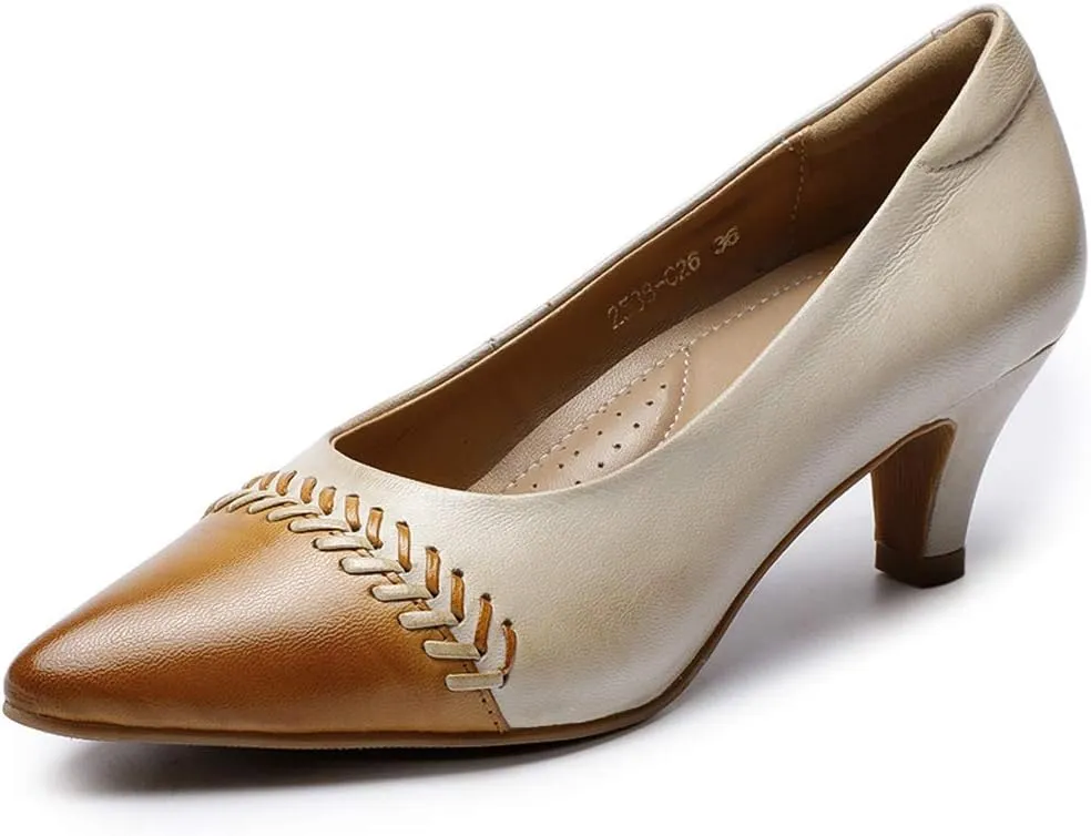 Mona flying Women's Leather Pump Med Heel Pointed Toe Office Dress Shoes for Ladies