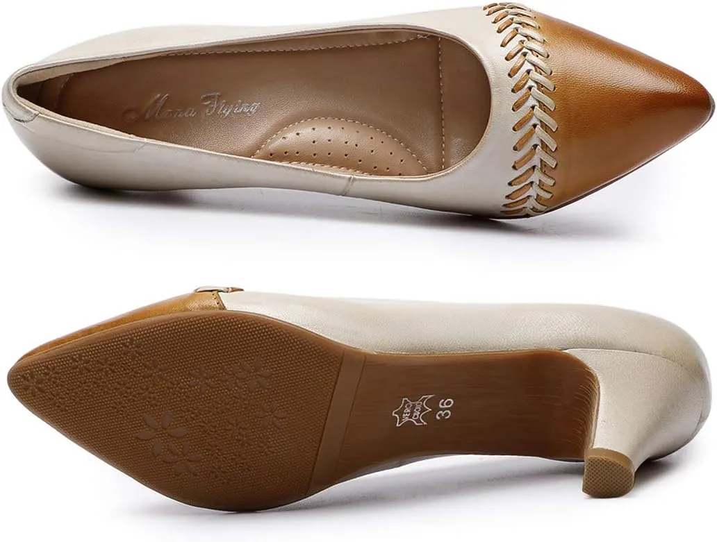 Mona flying Women's Leather Pump Med Heel Pointed Toe Office Dress Shoes for Ladies