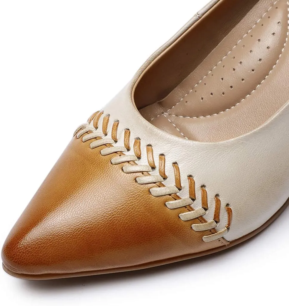 Mona flying Women's Leather Pump Med Heel Pointed Toe Office Dress Shoes for Ladies