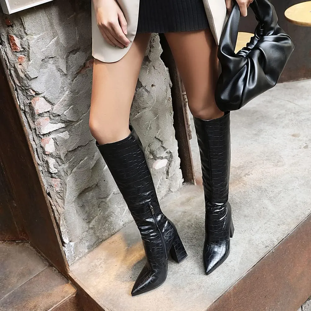 MRKEWUNEY Women Elegant Dress Boots Knee High Zipper Slim High Boots