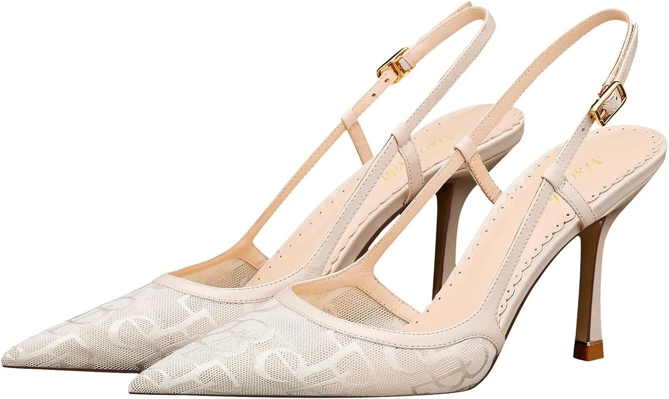 MSONLYDN Ladies Heels Strap Sandals Comfort Open Heels Mesh Leather Shoes Women Closed Pointed Toe Elegant Stiletto Heels 3.27inch