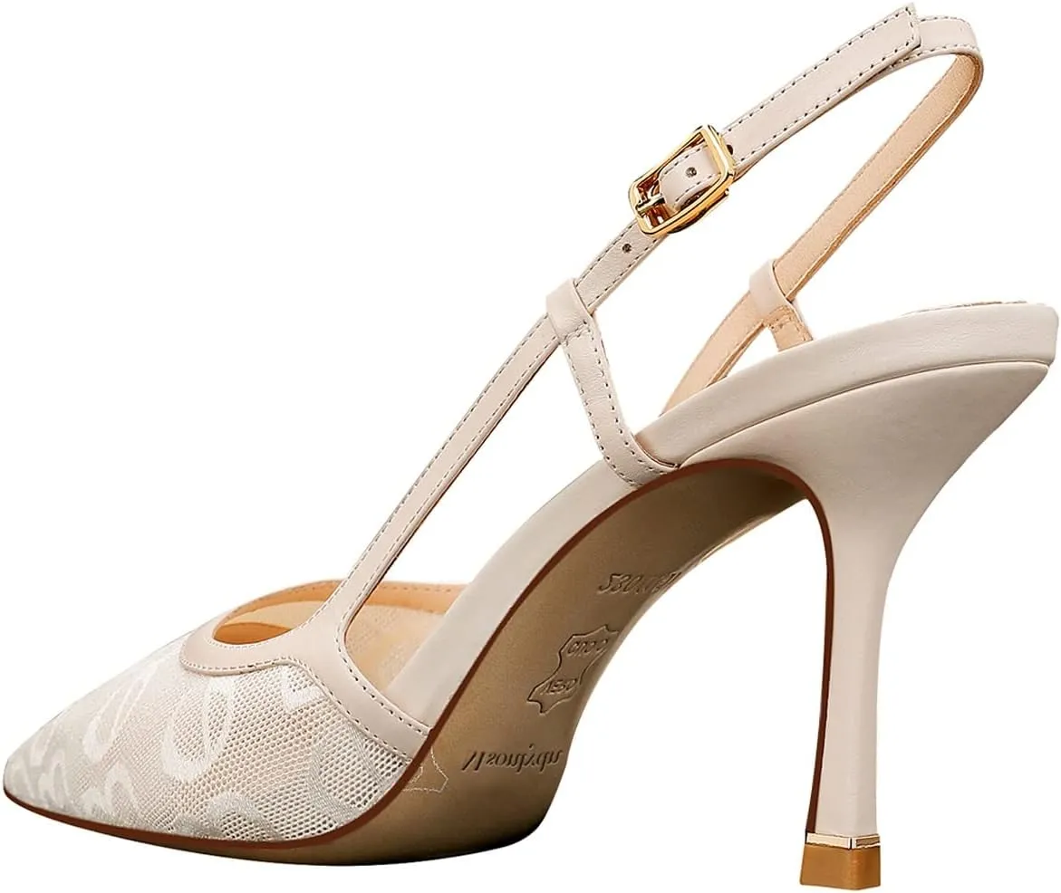 MSONLYDN Ladies Heels Strap Sandals Comfort Open Heels Mesh Leather Shoes Women Closed Pointed Toe Elegant Stiletto Heels 3.27inch