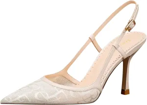 MSONLYDN Ladies Heels Strap Sandals Comfort Open Heels Mesh Leather Shoes Women Closed Pointed Toe Elegant Stiletto Heels 3.27inch