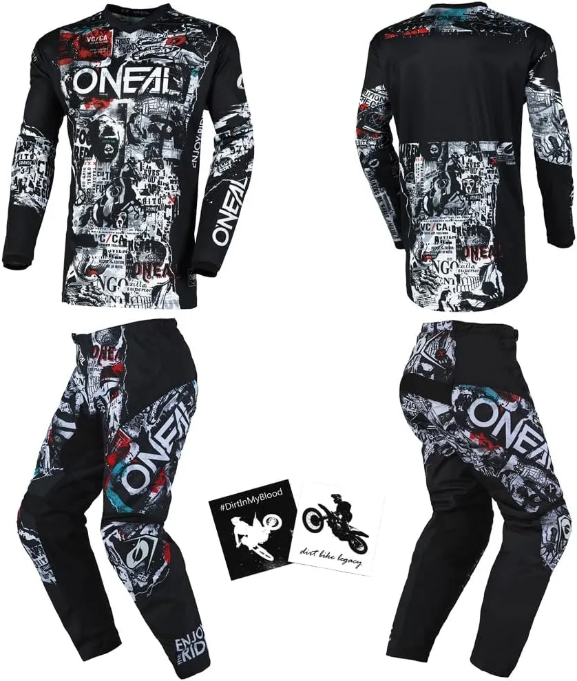 MX Outfit O'Neal Element Attack Black White Men (W28/Small) Protective Pants Jersey dirt bike bundle motocross off-road combo set
