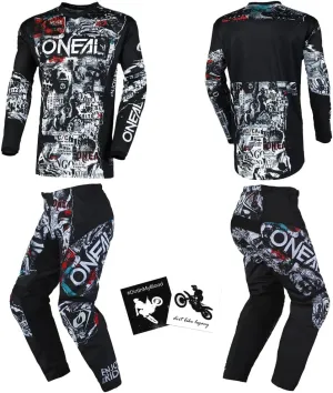 MX Outfit O'Neal Element Attack Black White Men (W28/Small) Protective Pants Jersey dirt bike bundle motocross off-road combo set