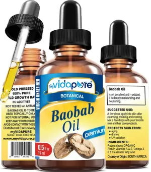 MYVIDAPURE 100% Pure BAOBAB OIL WILD GROWTH RAW 0.5 Fl.oz.- 15 ml. For Skin, Hair, Lip and Nail Care.