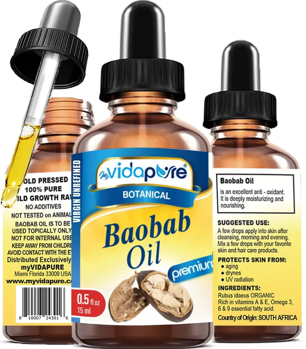 MYVIDAPURE 100% Pure BAOBAB OIL WILD GROWTH RAW 0.5 Fl.oz.- 15 ml. For Skin, Hair, Lip and Nail Care.