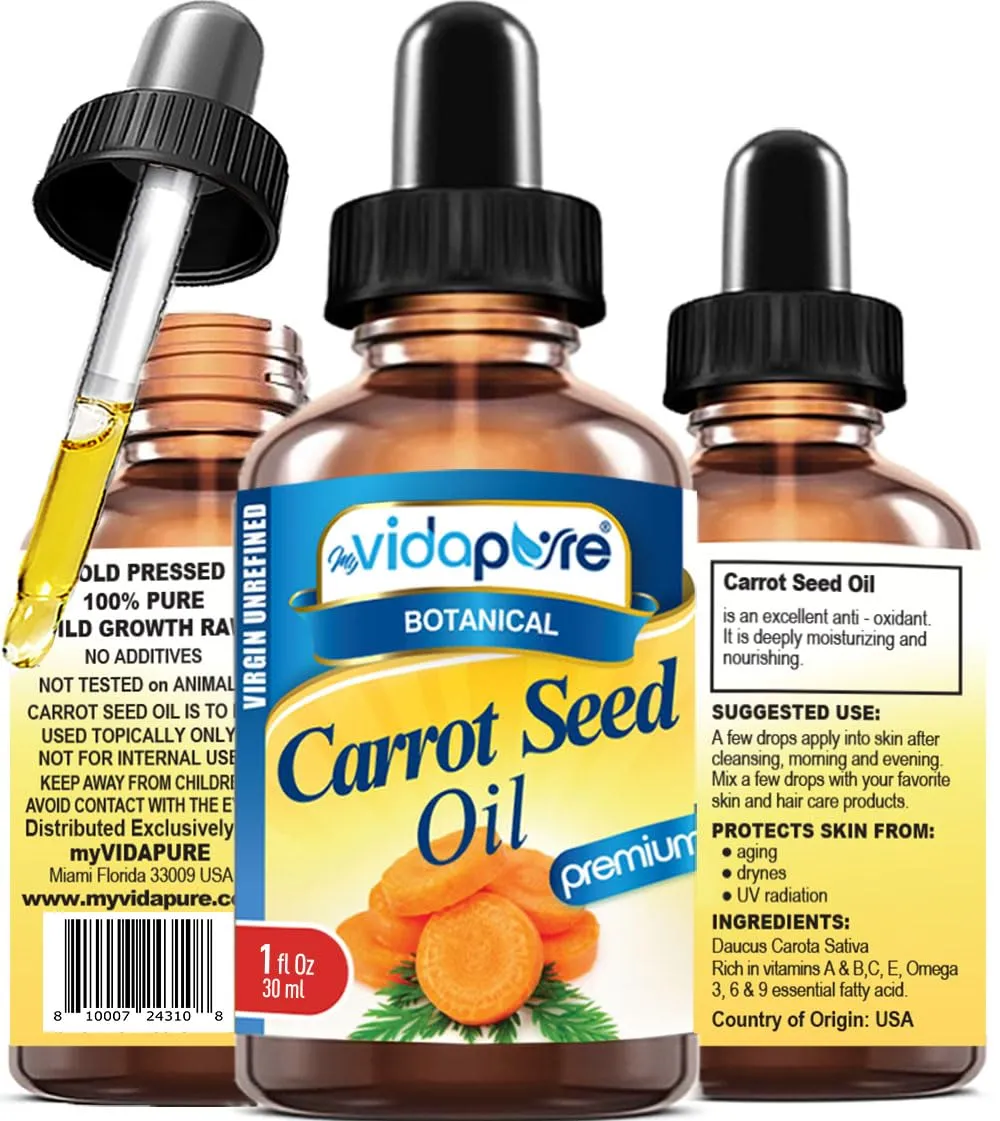 MYVIDAPURE CARROT SEED OIL WILD GROWTH Daucus Carota 100% Pure VIRGIN UNREFINED Undiluted 1 Fl.oz.‐ 30 ml. For Skin, Face, Hair, Lip and Nail Care