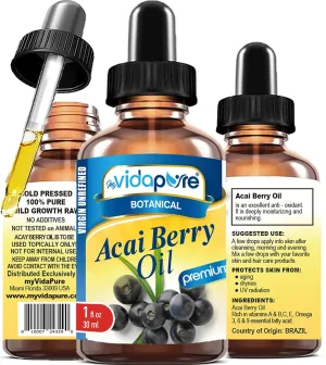 MYVIDAPURE Pure ACAI BERRY OIL Virgin Unrefined Wild Growth Raw Undiluted Brazilian. 1 Fl Oz 30 ml for Skin, Hair, Lip and Nail Care