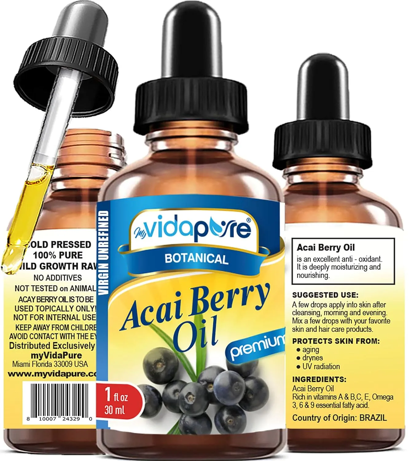 MYVIDAPURE Pure ACAI BERRY OIL Virgin Unrefined Wild Growth Raw Undiluted Brazilian. 1 Fl Oz 30 ml for Skin, Hair, Lip and Nail Care