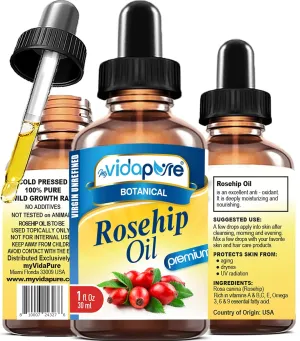 MYVIDAPURE Rosehip Oil Vitamin A, Vitamin C, Vitamen E for Wrinkles, Scars, Stretch Marks, Face, Body, Hair, Lip Care, 1 Fl.oz.- 30 ml