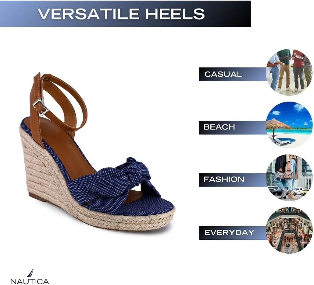 Nautica Women's Espadrille Wedge Sandals – Platform Heel Summer Dress Shoes with Ankle Strap and Bow – Comfortable Open Toe Beach and Casual Footwear