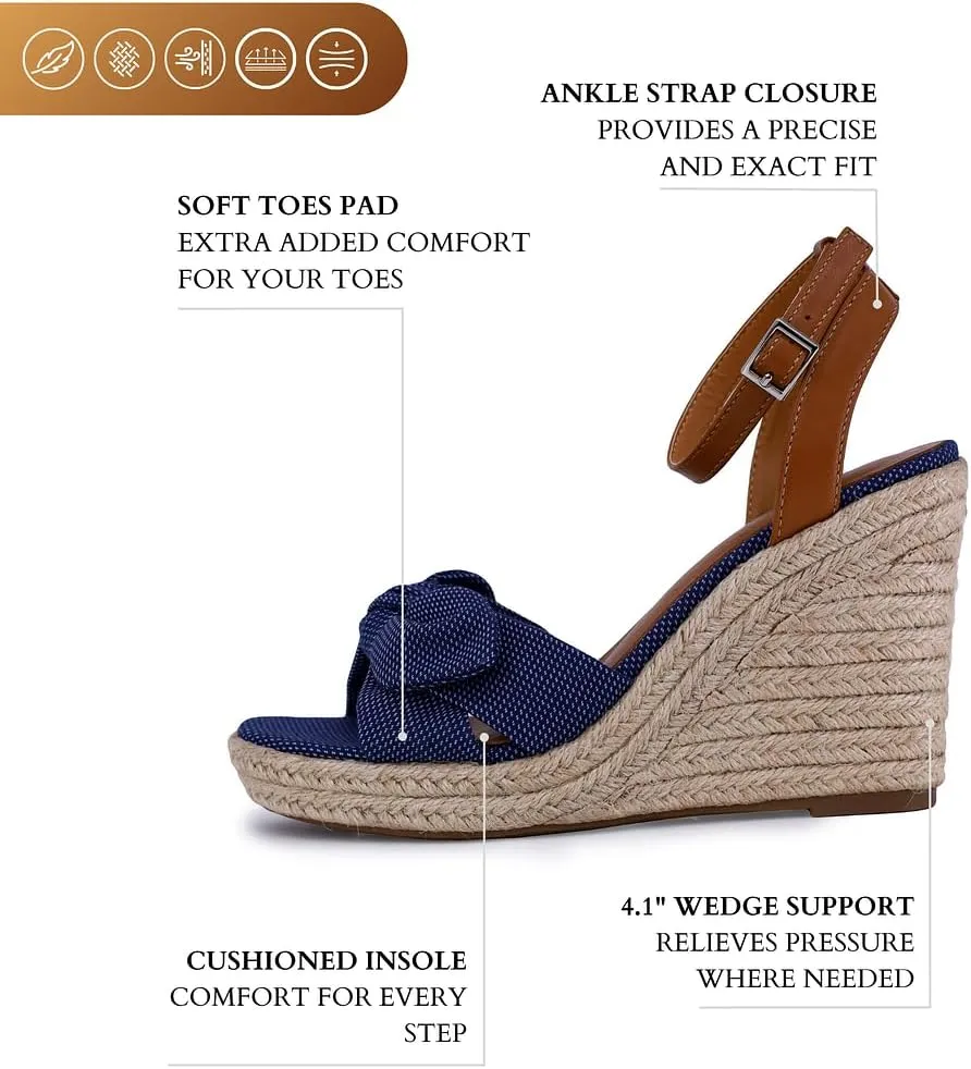 Nautica Women's Espadrille Wedge Sandals – Platform Heel Summer Dress Shoes with Ankle Strap and Bow – Comfortable Open Toe Beach and Casual Footwear