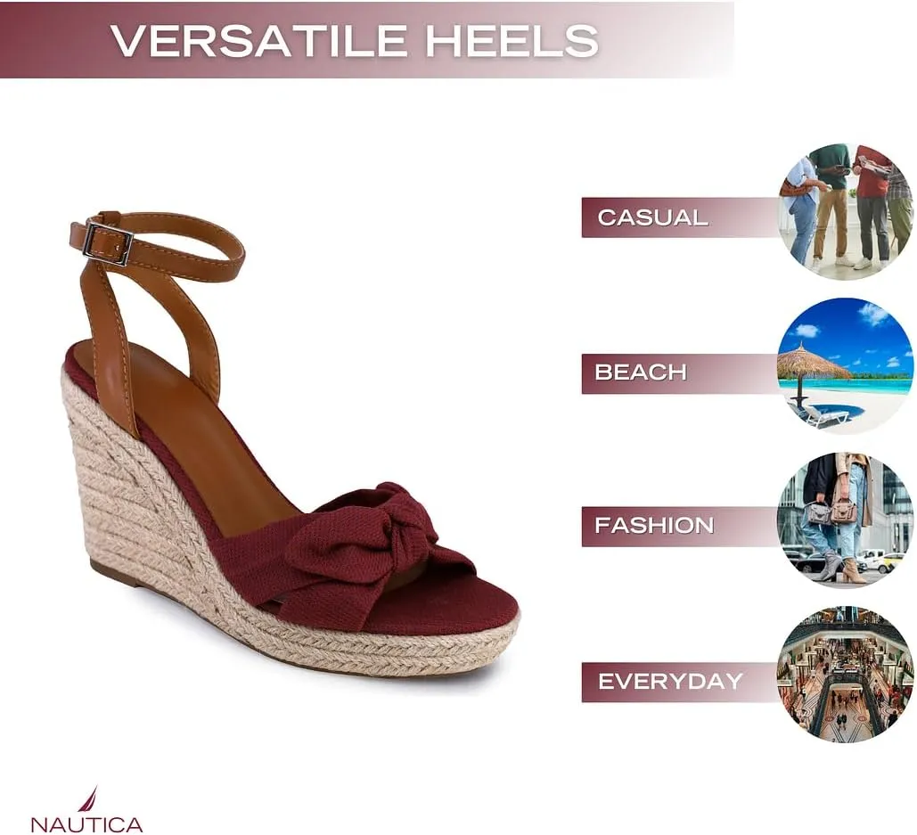Nautica Women's Espadrille Wedge Sandals – Platform Heel Summer Dress Shoes with Ankle Strap and Bow – Comfortable Open Toe Beach and Casual Footwear