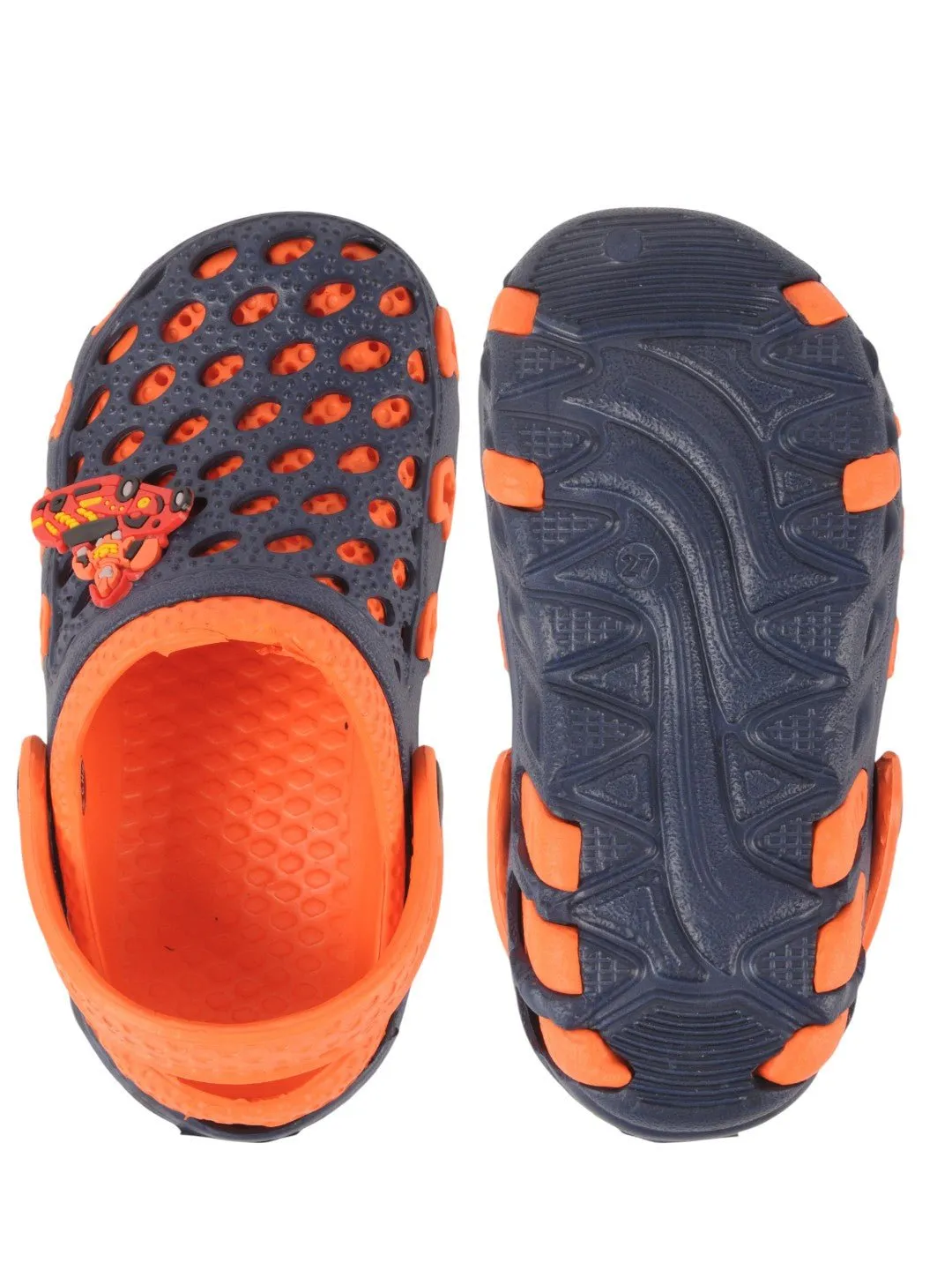 Navy and Orange Clogs with Fun Car and Robot Charms for Boys