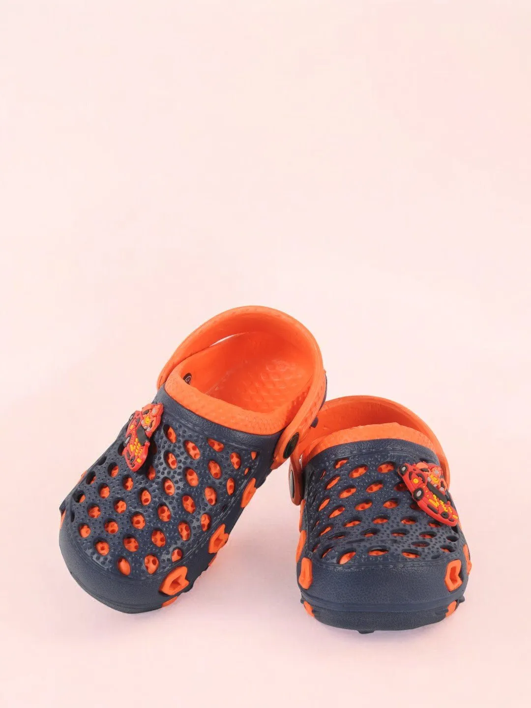 Navy and Orange Clogs with Fun Car and Robot Charms for Boys