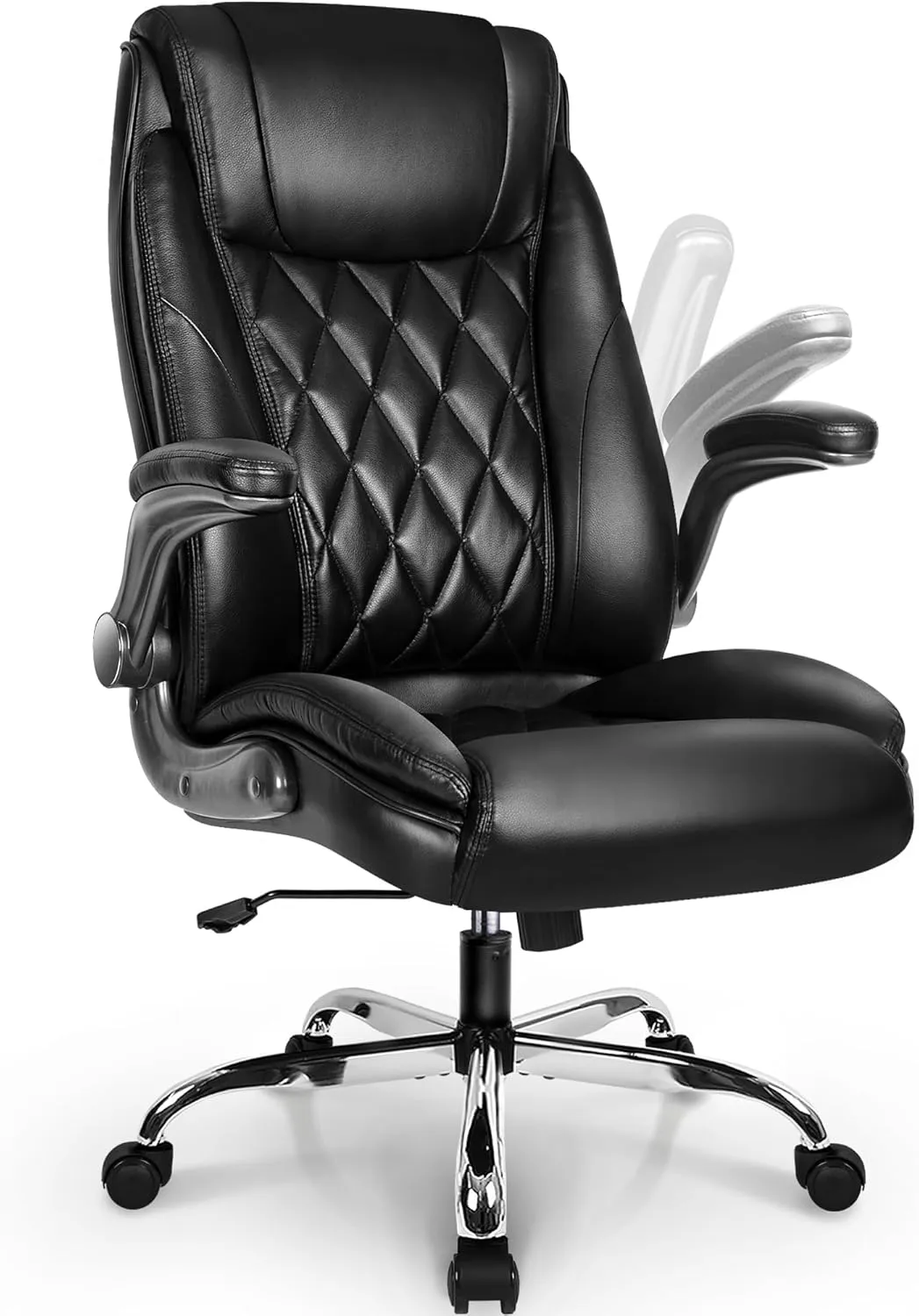 NEO CHAIR Executive Office Chair Ergonomic PU Leather High Back Computer Desk Chair for Home and Office Adjustable Flip-Up Armrests Lumbar Support Comfy Swivel Task Tilt Rocking (Black)