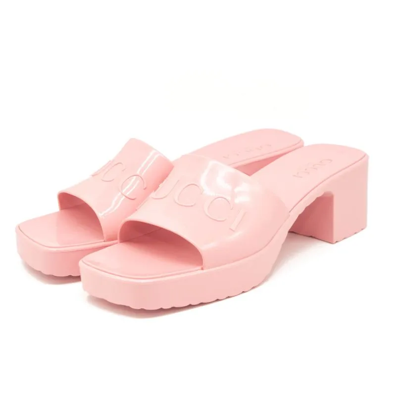 NEW Gucci Rubber Logo Platform Slide Sandal Pink EU 40