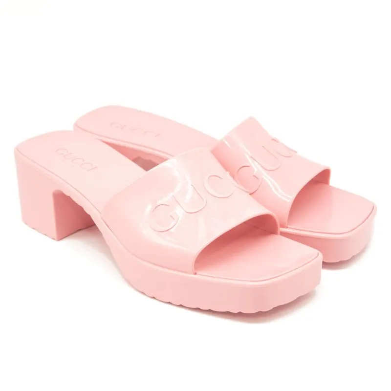 NEW Gucci Rubber Logo Platform Slide Sandal Pink EU 40