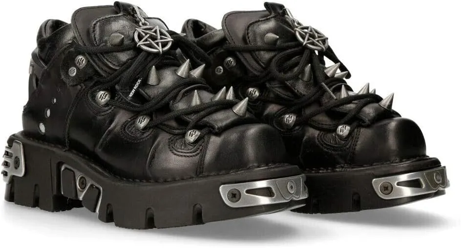 New Rock 110-S1 Men's Black Leather Spiked Ankle Boots