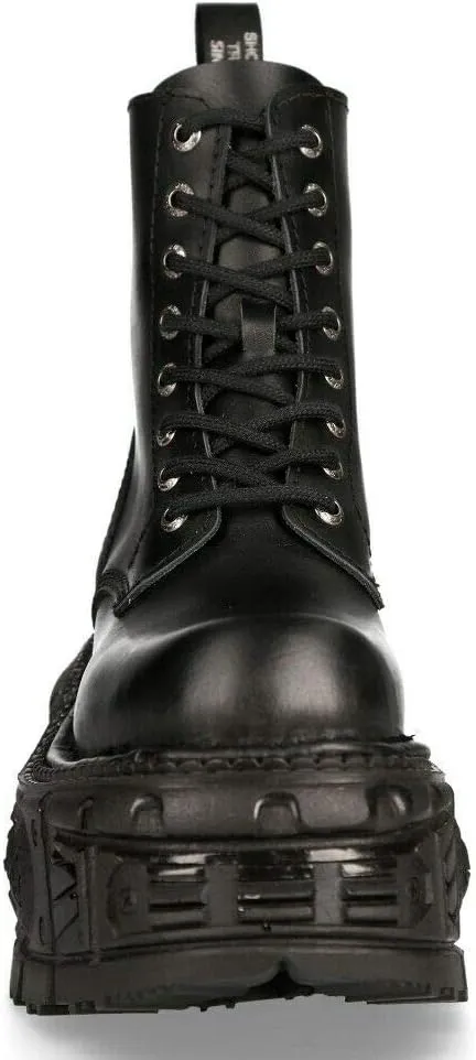 New Rock Boots M-MILI084N-S5 Men's Metallic Black 100% Leather Techno Platform Military Laces Fastening